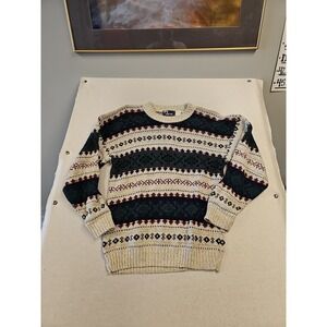 Timber Trail Mens Large Fair Isle Cotton Sweater Green Burgundy  USA Vintage